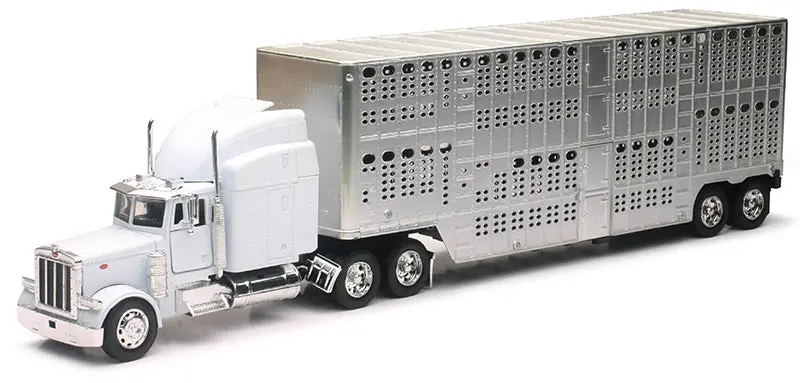 1/32 White Peterbilt 379 Tractor with Pot-Belly Cattle Trailer – Model #12073B