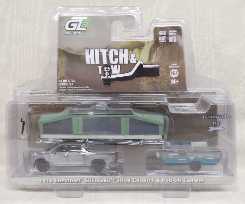 1/64 #32320-DR 2024 Chevrolet Silverado High Country Pickup with Pop-Up Camper – Raw Metal Chase Variant