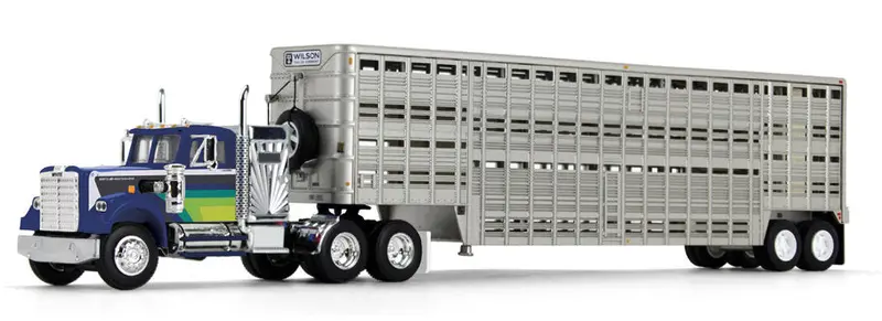 1/64 Blue and Green White Western Star 4900 Tractor-Semitrailer Combo with Vintage Sleeper & Livestock Trailer