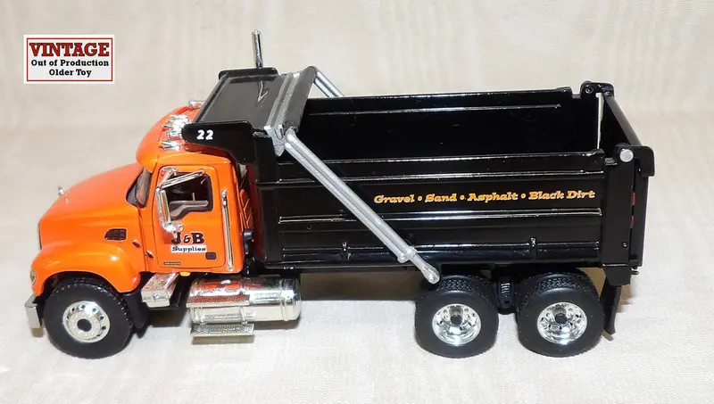 1/64 Orange Mack Granite Dump Truck – J & B Supplies Livery, Missing Cylinder, Model #60-0027