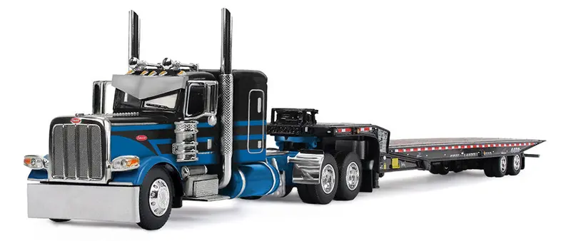 1/64 Peterbilt 389 Heavy-Duty Truck with 48″ Flat Top Sleeper & Landoll Tandem-Axle Traveling Trailer – Blue/Black