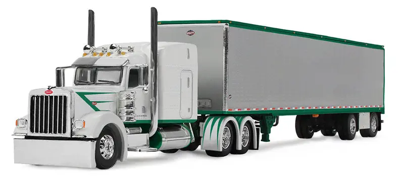 1/64 Peterbilt 389 Semi-Truck with 63″ Mid-Roof Sleeper & 53′ Spread-Axle Utility Trailer – White/Green