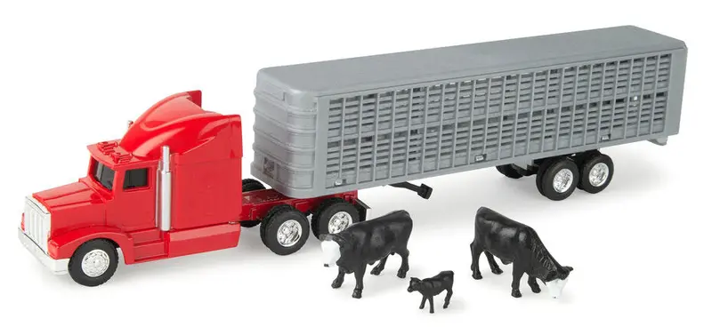 1/64 Red Peterbilt Semi-Truck Featuring Livestock Trailer and Animal Figures