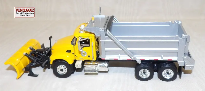 1/64 Yellow Mack Granite Dump Truck with Snow Plow & Salt Spreader – Model #69-0021