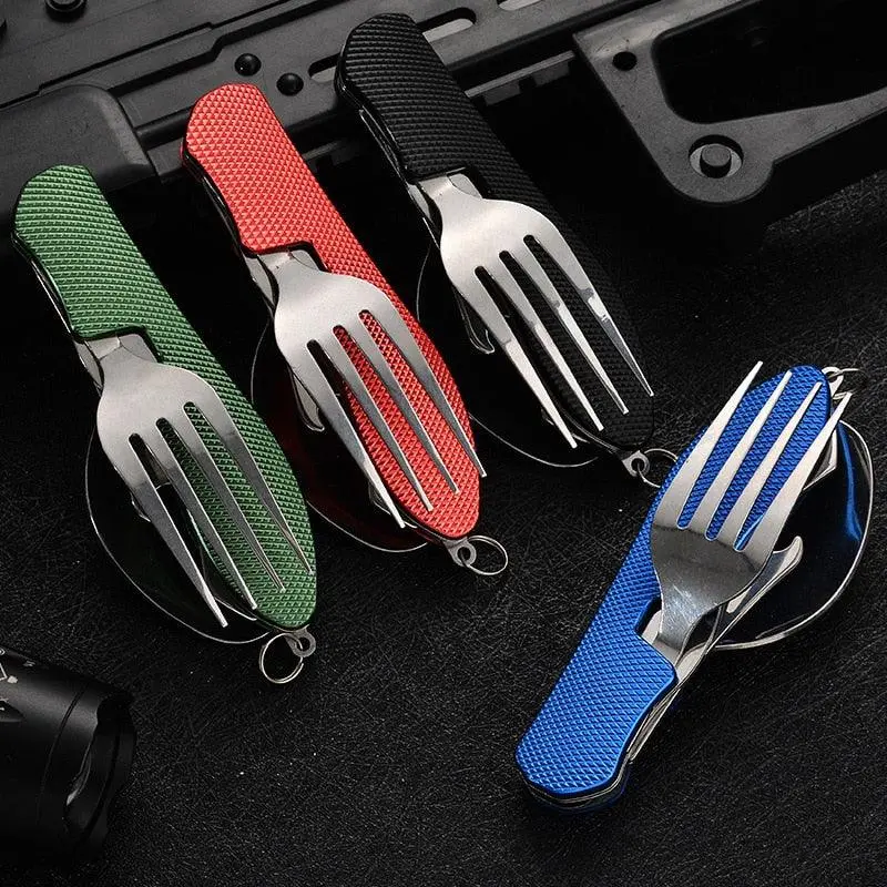 4-in-1 Folding Camping Multitool – Spoon, Fork, Knife & Bottle Opener in One Lightweight Unit