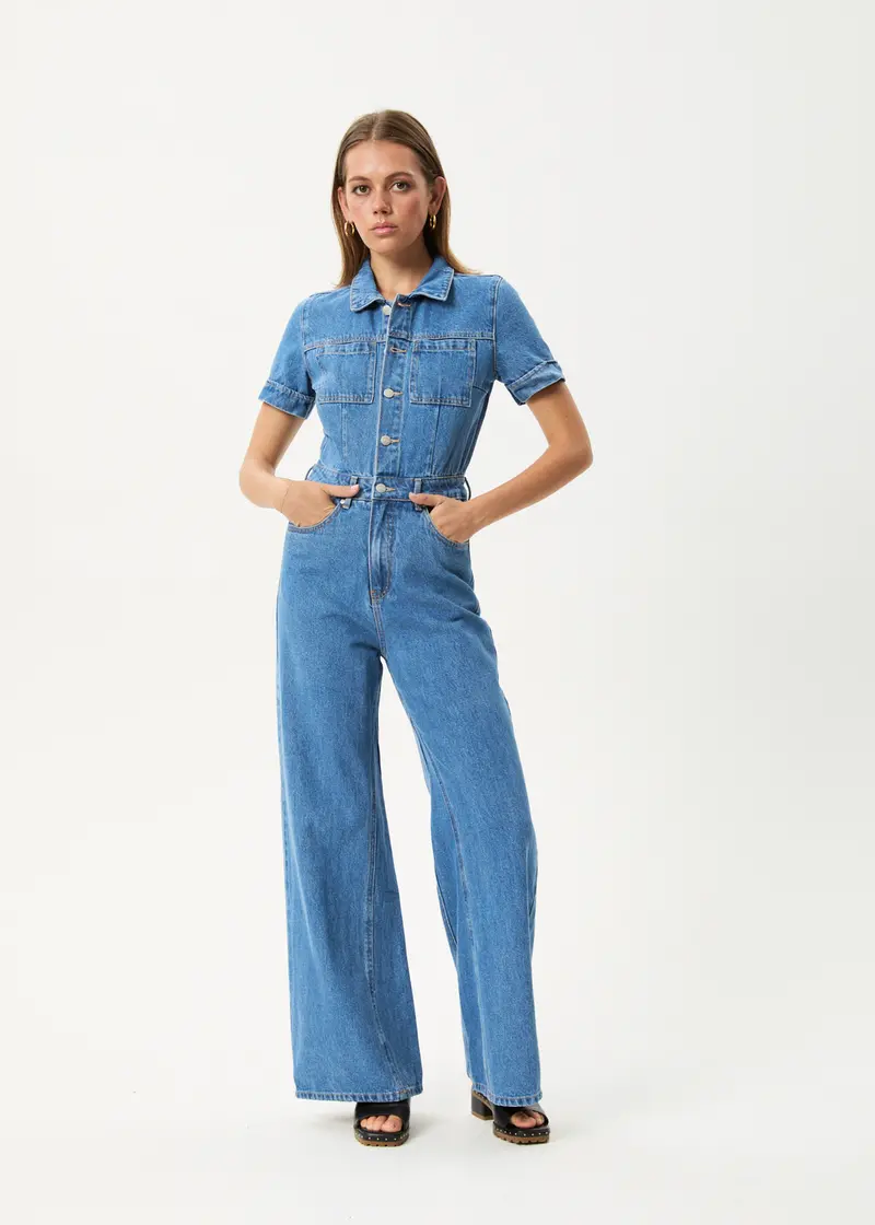 Afends Miami Flared Denim Jumpsuit – Worn Blue Finish