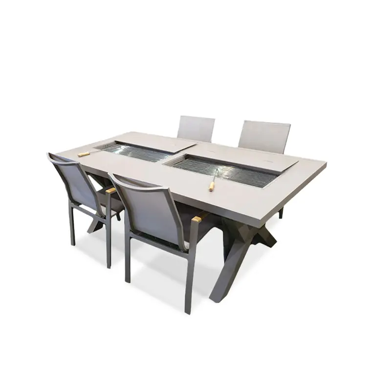 Charcoal-Grill Integrated Aluminum BBQ Table Set with Four Ergonomic Chairs