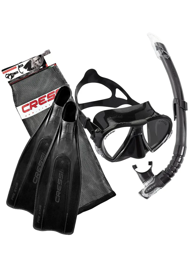 Cressi Pro Star SF Snorkeling Set – Full-Featured Adult Snorkel, Mask & Fins Bundle