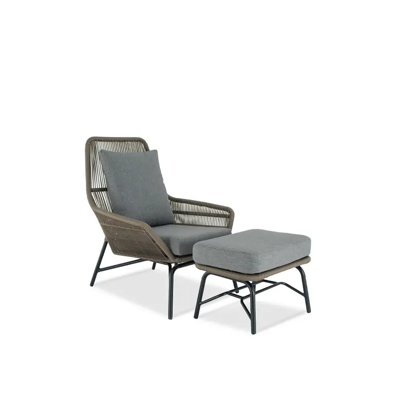 Gray Upholstered Outdoor Armchair with Coordinating Footstool