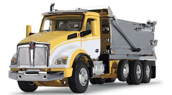Kenworth T880 Rogue Tri-Axle Dump Truck – 1:64 Yellow, White & Chrome Heavy Hauler