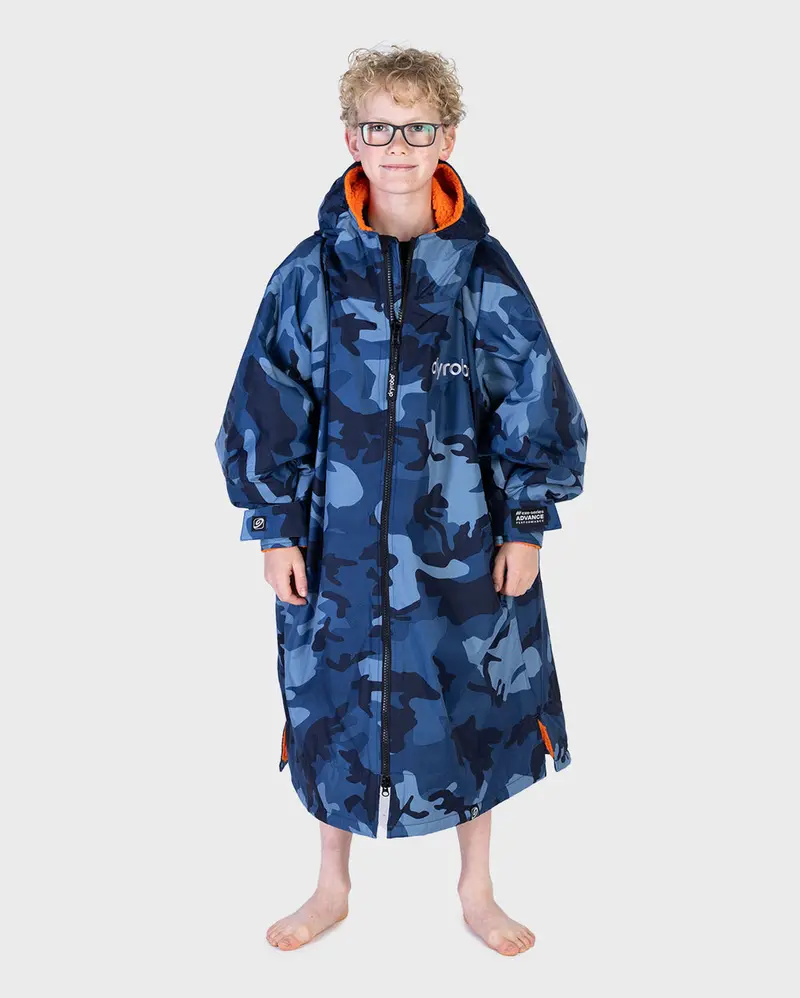 Kids Dryrobe Advance Long Sleeve Towel Robe – Blue Camo & Orange