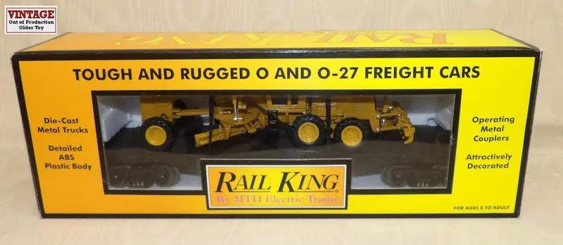 O-Gauge Rail King Flatcar (1/48) with 1/50 Caterpillar Motor Grader – Compatible Layout Pair