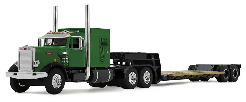 Peterbilt 351 with 60″ Vintage Sleeper & Rogers Lowboy Trailer – 1:64 Green/Black Set (#60-2219)