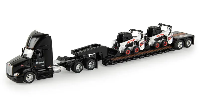 Peterbilt 579 Day Cab with Lowboy Trailer – 1:64 Scale Transport Set Featuring Two Bobcat S76 Skid Steers