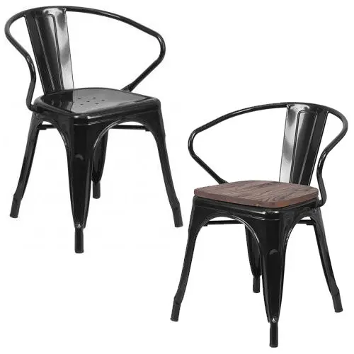 Phoenix Black Metal Dining Chair with Armrests and Optional Wooden Seat