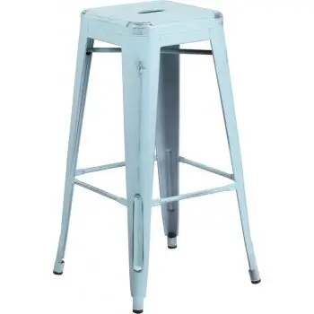PHOENIX Distressed Dream Blue Metal Barstool – 30-Inch High Backless Indoor Option