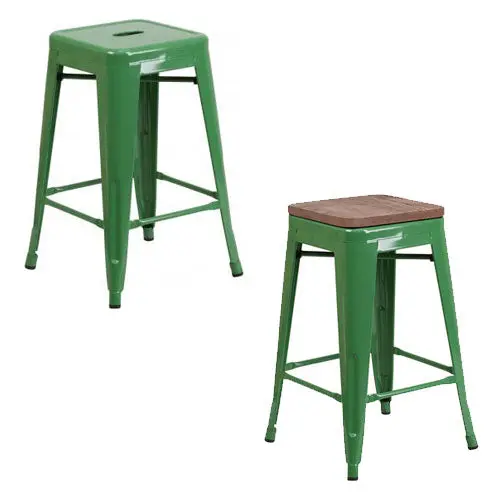 PHOENIX Green Metal Backless Bar Stool – 24-Inch Height with Optional Wood Seat