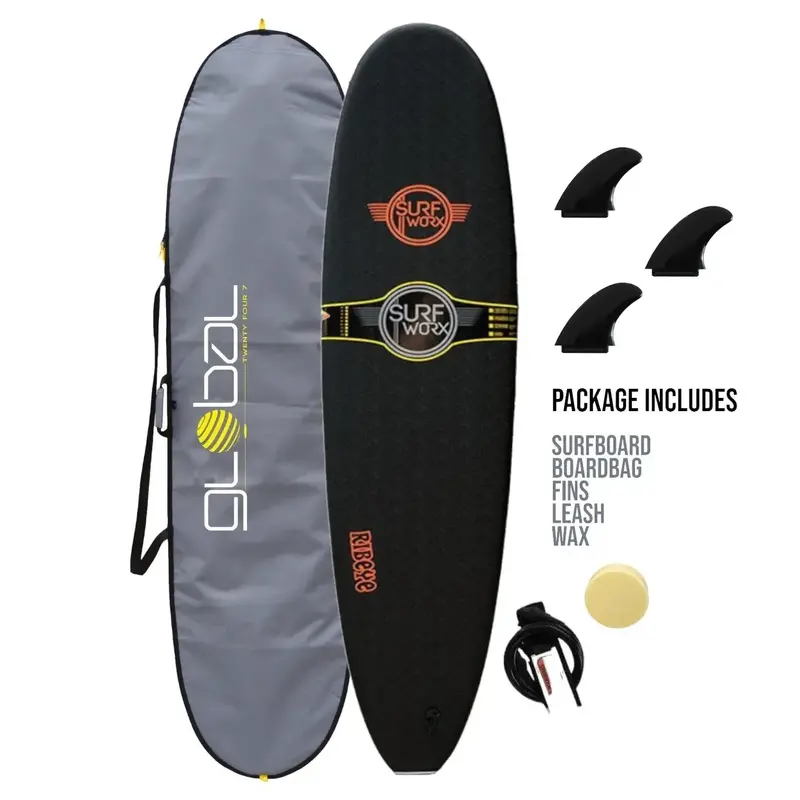 Surfworx Ribeye 7’0 Black Mini Mal Soft Surfboard – Starter Package