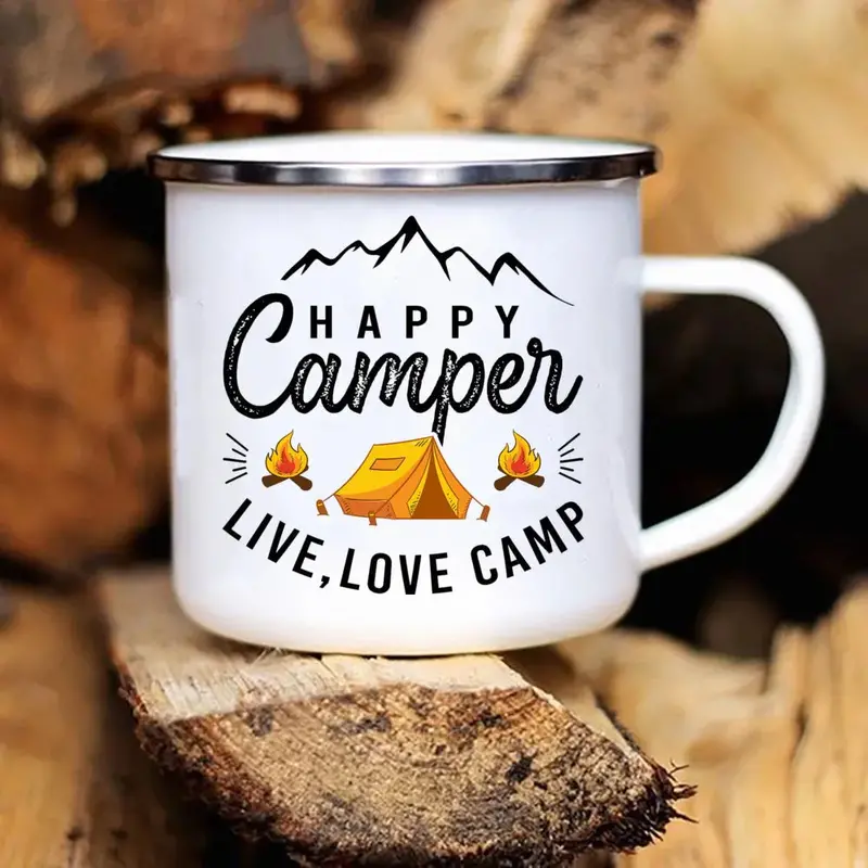 Vintage-Style Enamel Camping Mug – 12oz Metal Caravan-Themed Coffee Cup