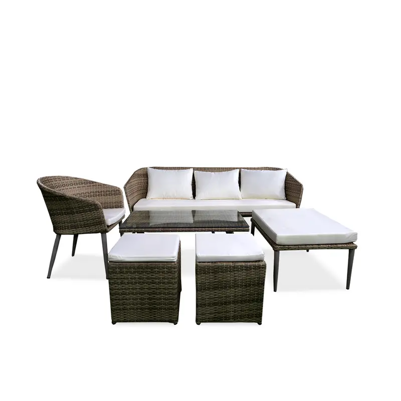 White Outdoor Lounge Set with Matching Table and Ottoman Footrests