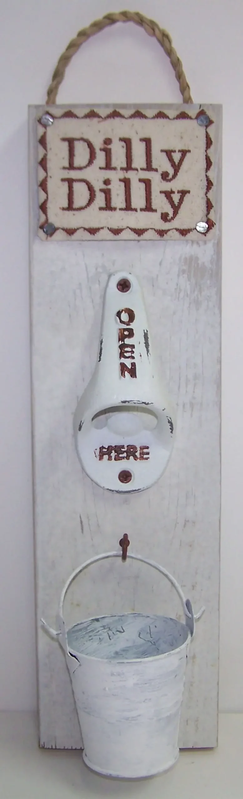 White Wooden Hanging Bottle Opener – Dilly-Dilly Theme – #7912