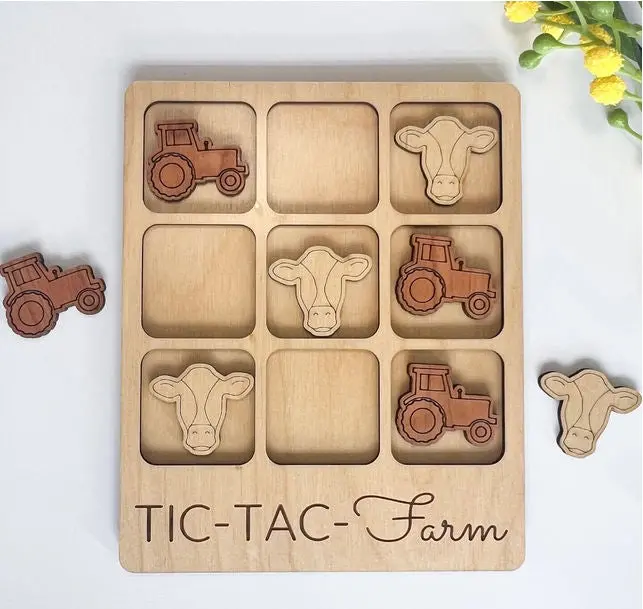 Wooden Tic-Tac-Toe Farm-Themed Game #7980